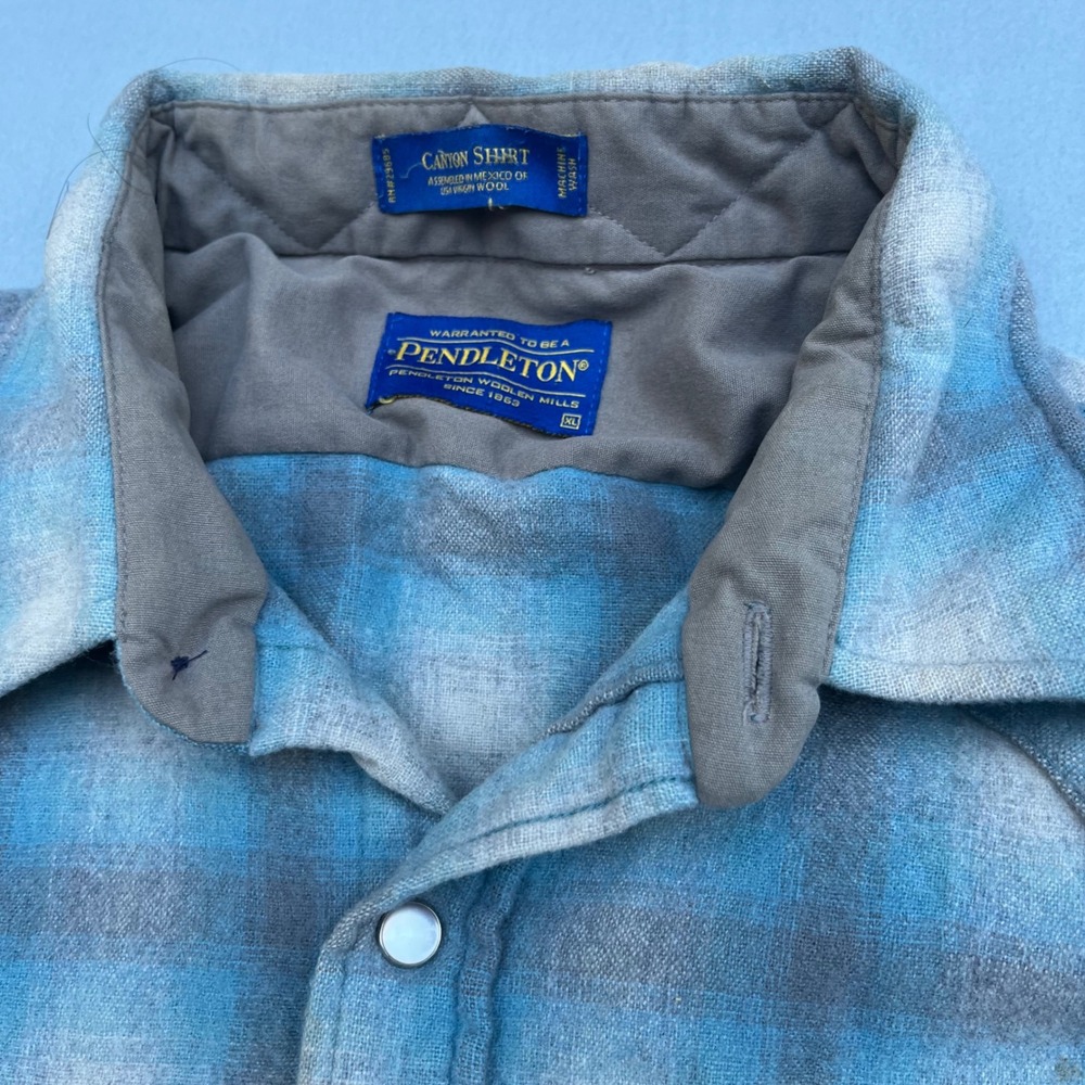 Pendleton Canyon Shirt XL Blue Grey Plaid Virgin Wool Pearl Snap Western Flannel